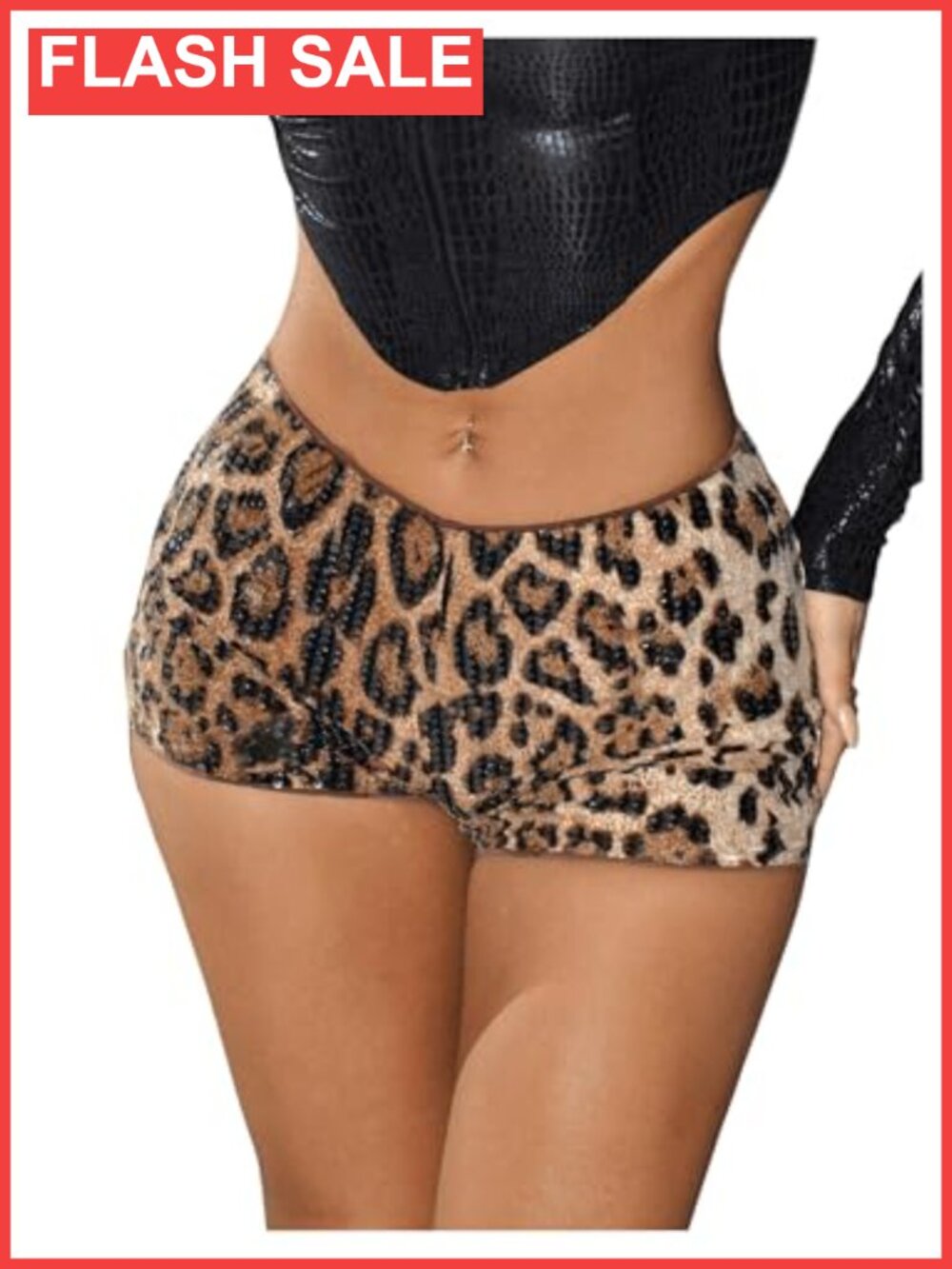 SHENHE Sequin Leopard Print Low Rise Mini Shorts Club Rave Bodycon